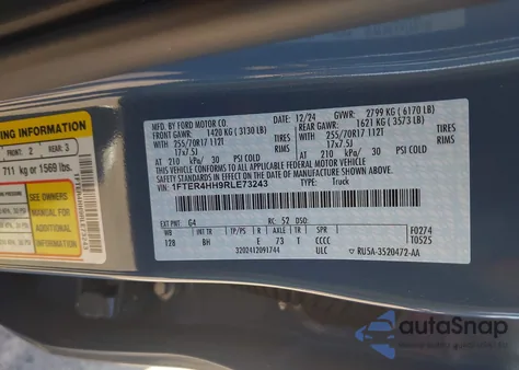 2024 Ford Ranger Xlt из США, поврежденный, VIN 1FTER4HH9RLE73243